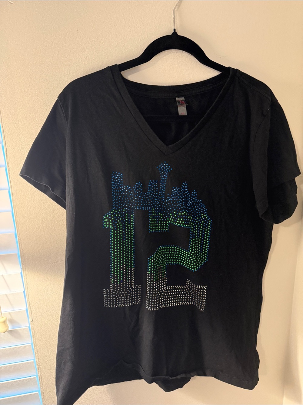 Black V‑Neck Women's Tee with Blue & Green Stud Seahawks 12 Graphic